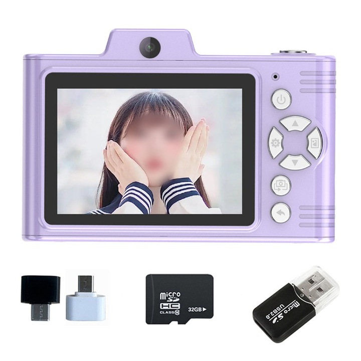Digitális fényképezőgép, 4800 W pixel, két HD kamera, 2,8 hüvelykes képernyő, vaku, 32 GB-os memóriakártya, USB kártyaolvasó, Android adapter, 8x digitális zoom, automatikus mosolyérzékelés, zenelejátszás funkció, lila