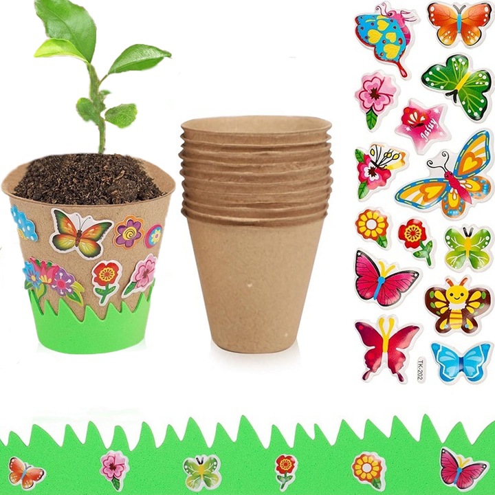 Ghivece pentru plante RUIOMII, hivece pentru rasaduri, punga pentru seminte set de 10 bucati, cu 2 Garduri Verzi de 1m si 4 Stickere8cm, Biodegradabile, Bej pamantiu, Rotund