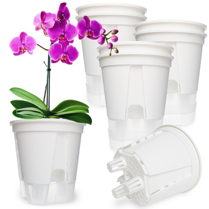 Ghivece pentru plante RUIOMII, set 8 Ghivece RUIOMII, 15 cm, Plastic, cu Rezervor de Apa si Tava Transparenta pentru Interior si Exterior, Alb