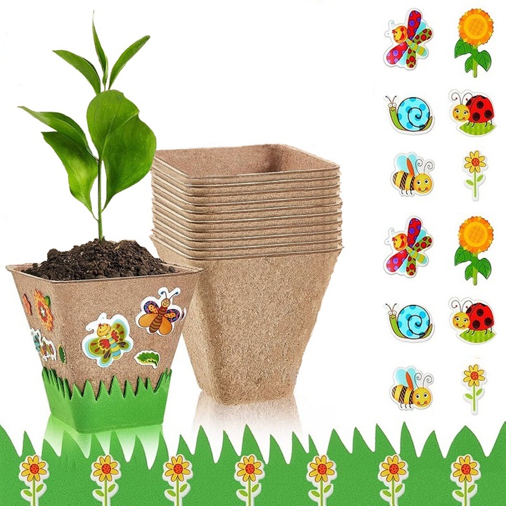 Ghivece pentru plante RUIOMII, hivece pentru rasaduri, punga pentru seminte set de 10 bucati, cu 2 Garduri Verzi de 1m si 4 Stickere8cm, Biodegradabile, Bej pamantiu, Patrat