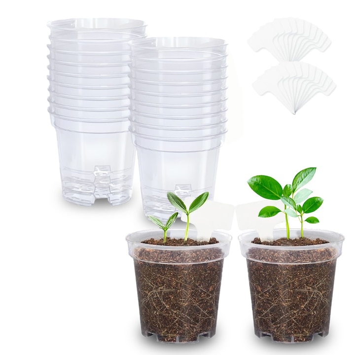 Ghivece pentru plante RUIOMII, hivece pentru rasaduri, punga pentru seminte set de 20 bucati, 7.6 cm, reutilizabile, plastic transparent, Alb