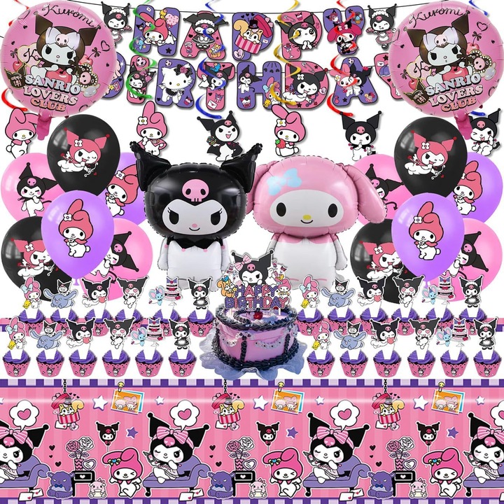 Set Aniversare Kuromi, 19x baloane, Banner Happy Birthday, fata de masa, 6x spirale, 24x Topper Cupcake, 1x Topper Tort, multicolor