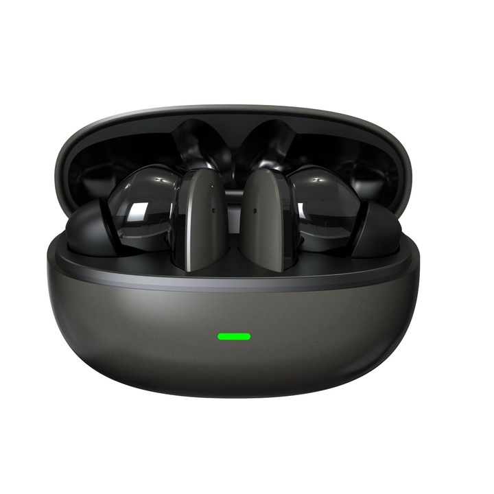 Casti OZ VT-A04 ANC, bluetooth 5.4, 6 microfoane, compatibilitate universala, HI-FI Audio, Noise Cancelling, Dual HD True Stereo, pana la 5 ore autonomie, carcasa de incarcare, Gri Carbune