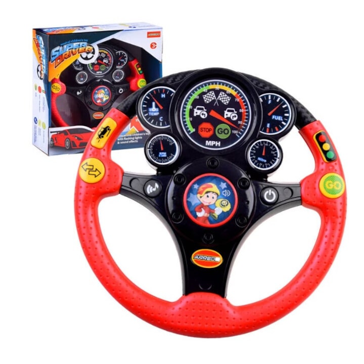 Детски интерактивен волан със светлини и звуци, пластмаса, симулатор на шофиране, 23,5 х 23,5 х 5 см, червено/черно, UA