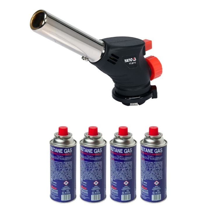 Aprinzator pe Gaz cu Butelie, YATO, Aprindere Piezzo, 1000 Grade + set 4 rezerve gaz butan 227 grame, EURO-MAXX