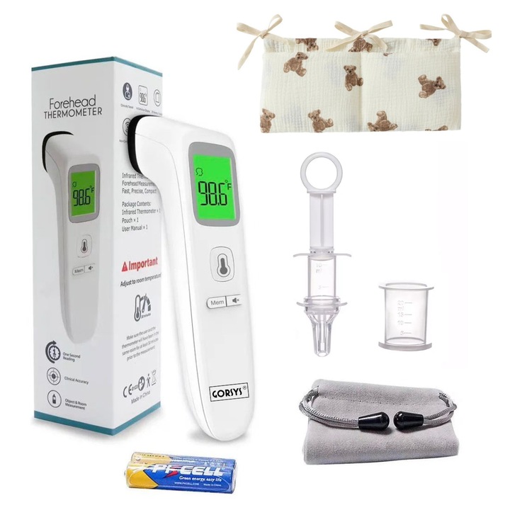 Termometru Digital Non Contact Gorsys®, pentru Copii si Adulti, Citire Instanta si Acuratete Ridicata, Alarma Febra, 35 de Memorari, Mod Silentios si Utilizari multiple, Afisaj LED 3 culori, 2x Baterii, Organizator Patut, Seringa si Husa Protectie incluse