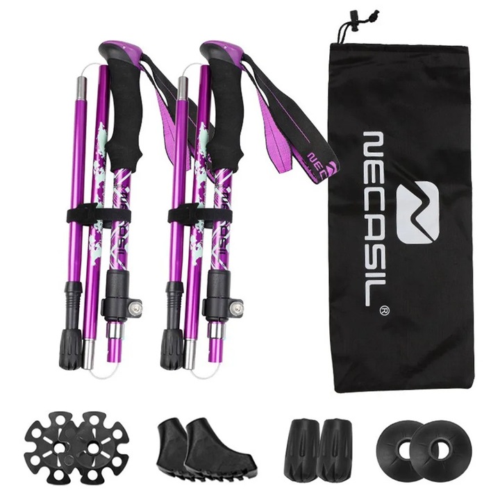 Set de 2 bete de trekking, Necasil, 110-125cm, aluminiu, violet