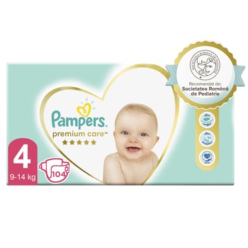 Scutece Pampers Premium Care Mega Box Marimea 4, 9-14 kg, 104 buc Scutece Pampers Premium Care Mega Box Marimea 4, 9-14 kg, 104 buc