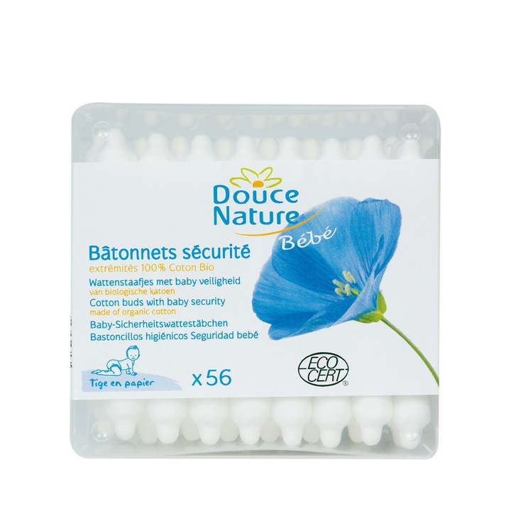 Бебешки клечки за уши Douce nature Bio, Органичен памук, 56 броя