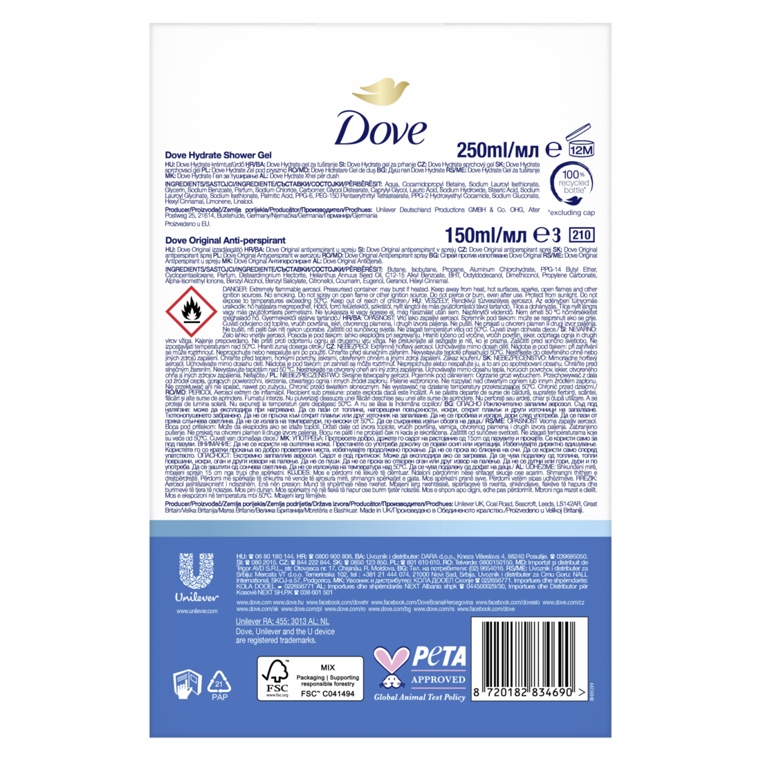 Set cadou Dove: Gel de dus Hydrating, 250ml + Deodorant Dove