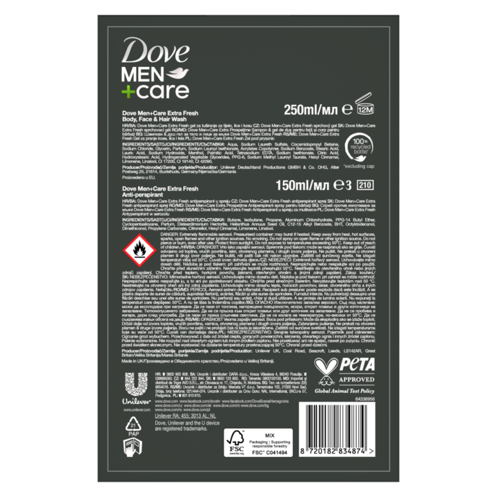 Set cadou Dove Men+Care: Spray Extra Fresh, 150ml + Gel de dus Dove Men+Care Extra Fresh, 250ml