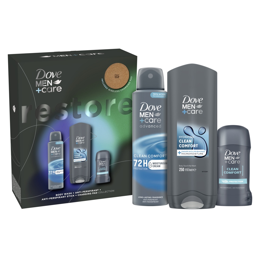 Set cadou Dove Men+Care Advanced: Spray Clean Comfort, 150ml + Gel