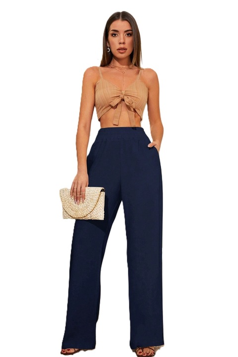 Pantaloni Dama, Casual Cu Talie Inalta Si Picior Larg, Buzunare Inclinate, Albastru inchis