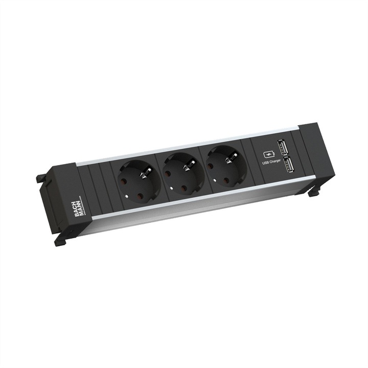 Троен контакт с 2 USB порта, Bachmann, Компактен дизайн, 262x73x36mm, Черен