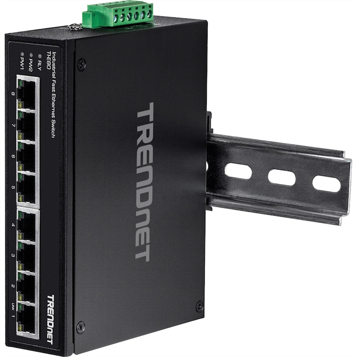 Switch industrial 8-porturi Fast Ethernet TRENDnet, IP30, -40 - 75°C, montare pe sina DIN