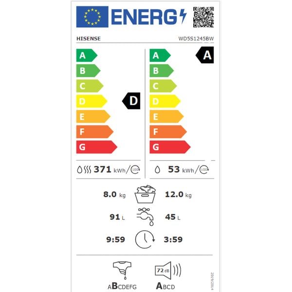 Masina de Spalat Rufe Frontala cu Uscator HISENSE WD5S1245BW, Steam, 12/8 kg, 1400rpm, Clasa A/D, Wi-Fi, Alb