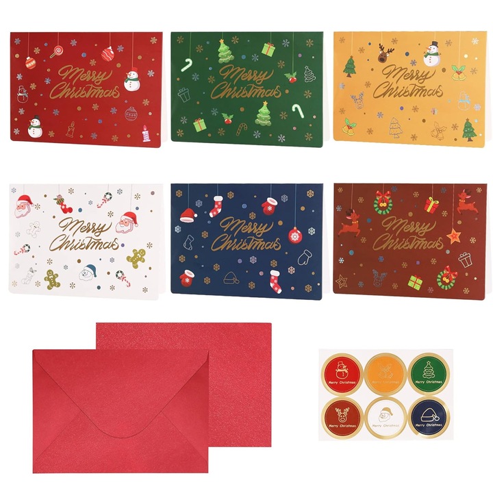 Felicitari de Craciun cu plicuri, Enforose, efect de embosare cu folie argintie, carton premium, set asortat