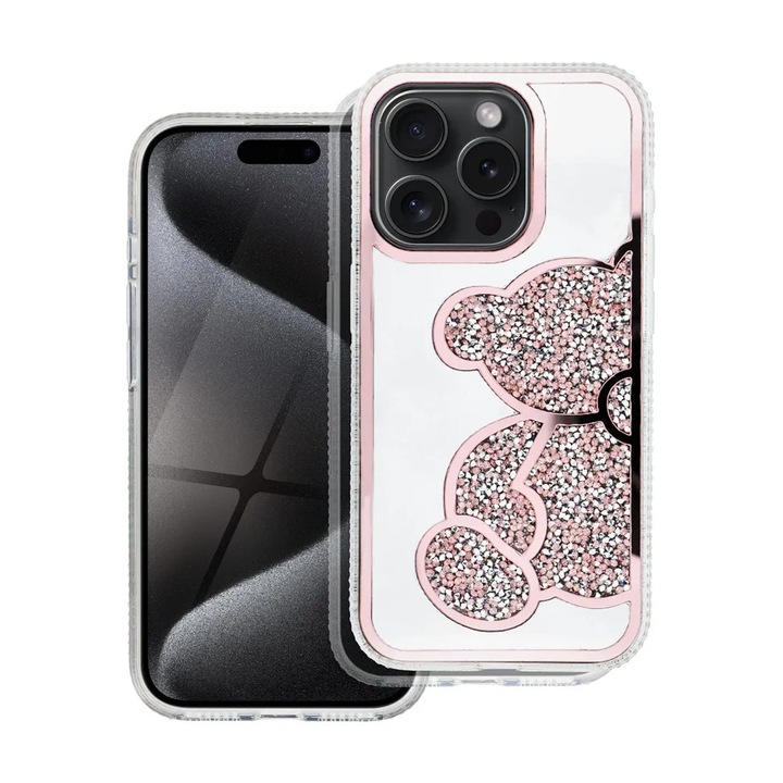Husa Teddy's pentru Apple iPhone 16, OPTIM SOLUTION, Design Jucaus, Glitter Finish, Extra Safe Camera Protection, Optim Core Tech, AntiShock, Roz