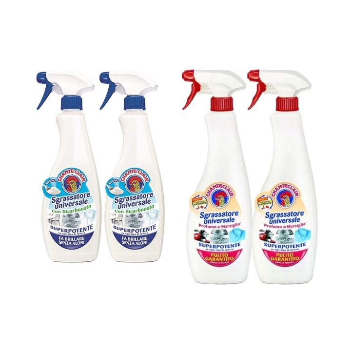 Set Curatenie Chante Clair 4 x Componente, 2 x Degresant Universal Spray 600ml Bicarbonat, 2 x Degresant Universal Spray 600ml Marsilia, rapid si eficient, testat dermatologic, prospetime de lunga durata, elimina mirosuri neplacute