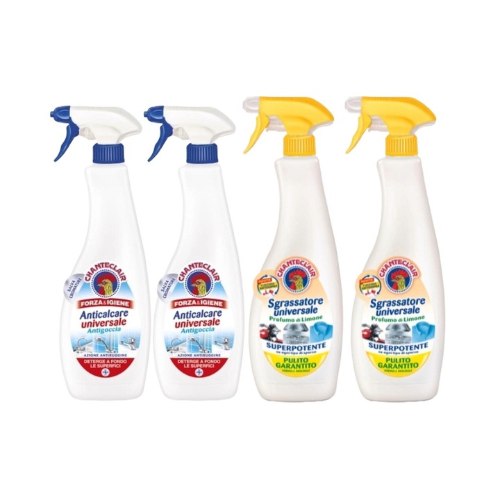 Set Curatenie Chante Clair 4 x Componente, 2 x Spray Universal 625ml Anticalcar Antiaburire, 2 x Degresant Universal Spray 600ml Lamaie, rapid si eficient, testat dermatologic, prospetime de lunga durata, elimina mirosuri neplacute