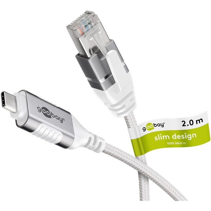 USB-C 3.1 – RJ45 Ethernet kábel, Goobay, 2 m, CAT 6, átviteli sebesség 1 Gbit/s, vékony