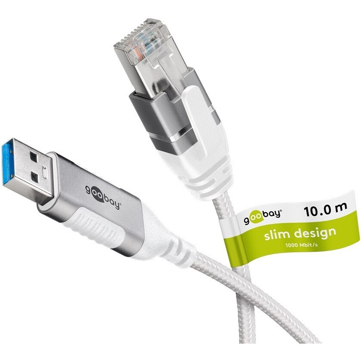 Ethernet-kábel USB-A 3.0 – RJ45, Goobay, 10 m, fehér