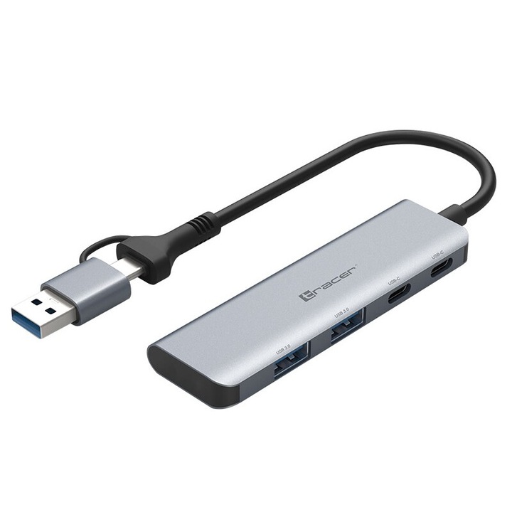 Adaptor USB Type-C la USB-A, 2x USB-A + 2x USB-C, aluminiu, 4 porturi