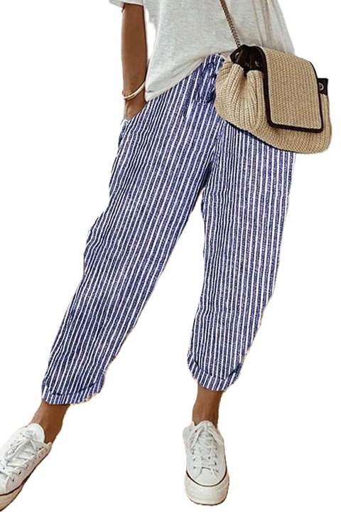 Pantaloni Casual Dama, Cu Talie Inalta, Dungi Si Buzunare Inclinate, Albastru