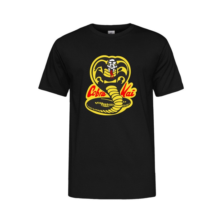 Printeed, Tricou barbati cu decolteu rotund, cobra kai logo, Negru, XS