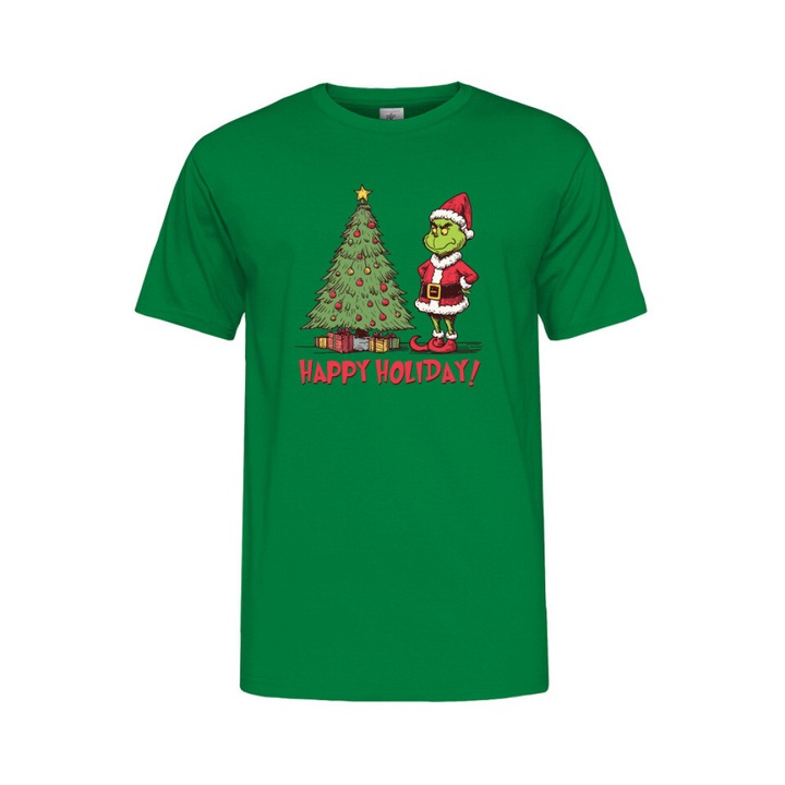 Printeed, Tricou barbati cu decolteu rotund, Happy Holiday Grinch, Verde, M