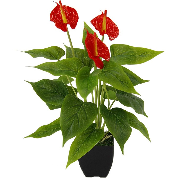 Planta artificiala Anthurium rosu exotic, detalii realiste, rezistenta la apa, 35cm, ghiveci negru