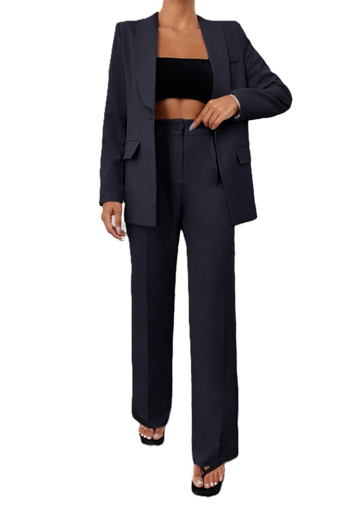 Costum Elegant Dama, Din Doua Piese, Sacou Cu Guler Sal Si Pantaloni Talie Inalta, Negru