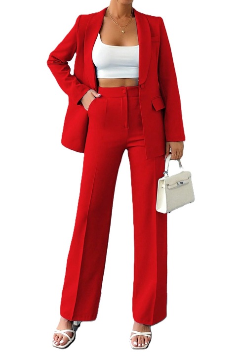 Costum Dama, 2 Piese, Sacou Cu Guler Sal, Maneci Lungi Si Pantaloni Talie Inalta, Rosu