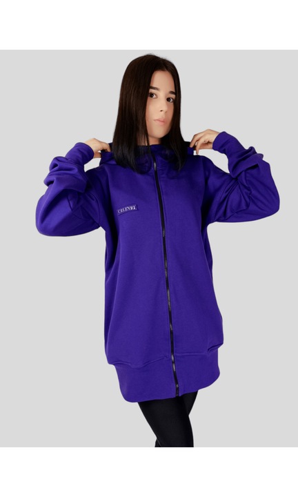 Hanorac oversize cu gluga si fermoar, de dama, Mov