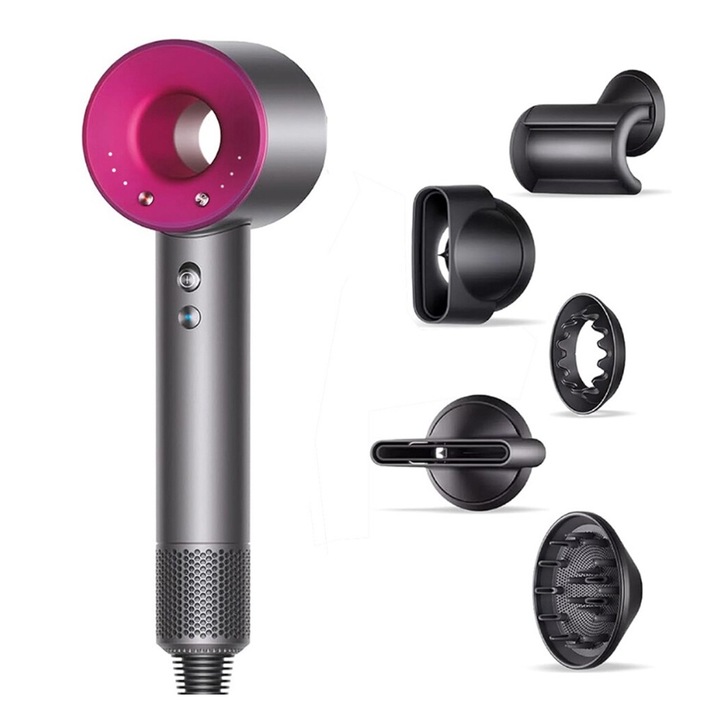 Професионален сешоар за фризьорски салон, 1600W, 110 000 оборота в минута, Ултратих, Анионна грижа за косата, Смарт контрол на температурата, 3 скорости на вятъра, 4 температури, 5 магнитни дюзи, Rose Red