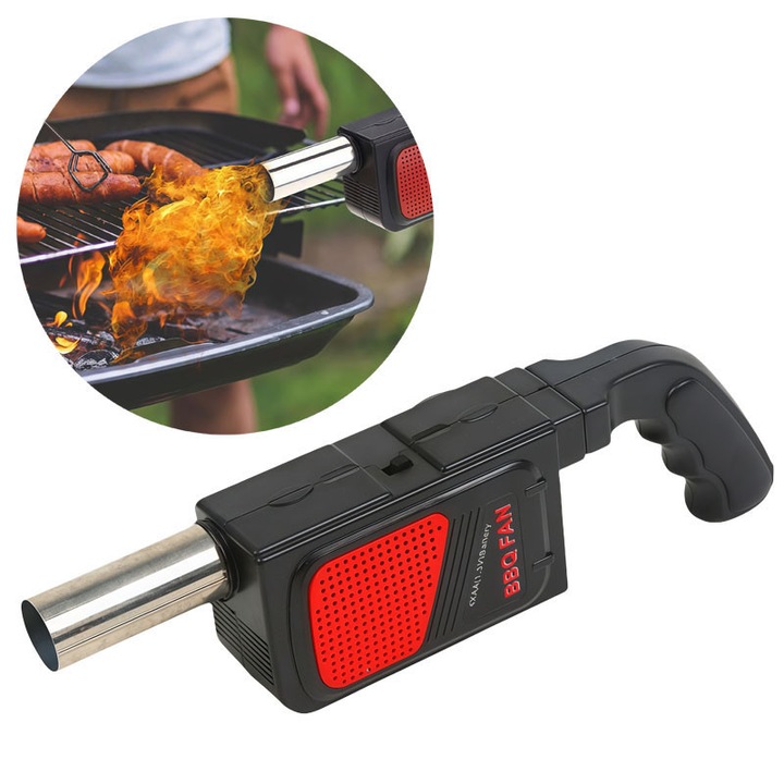 Suflanta BBQ, electrica, pentru camping in aer liber, foc BBQ, plastic/metal, cu maner, portabil, negru