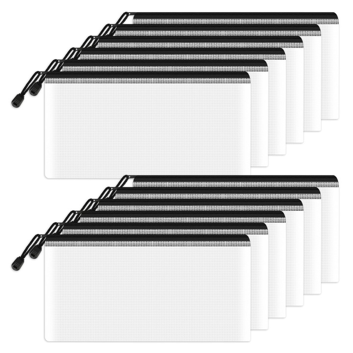 Set 12 dosare, Blythornix, A6, 23x11.5 cm, pungi din plasa cu fermoar pentru depozitarea documentelor de birou, Negru