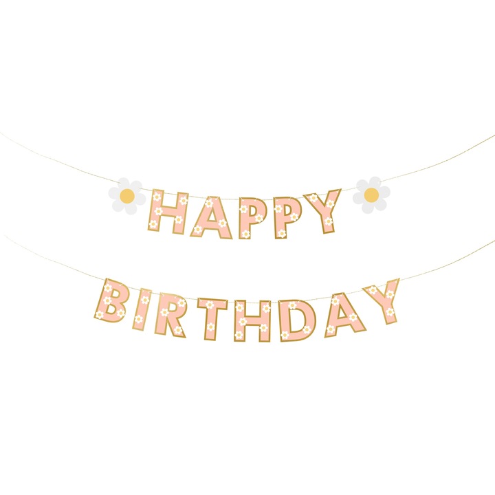 Банер happy birthday, розов с маргаритки, 2м, PartyDeco