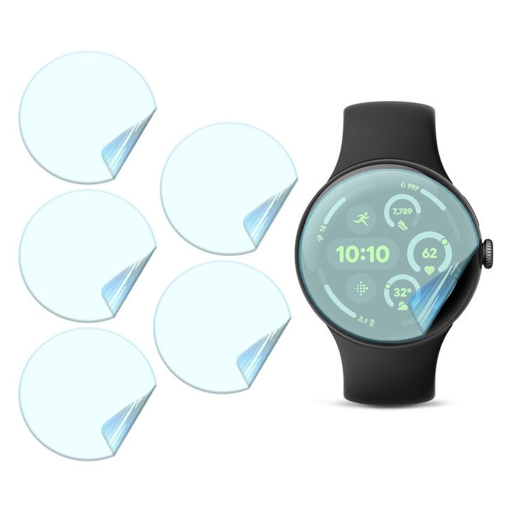 Set 6x Folii de Protectie pentru Google Pixel Watch 3 41mm, Silicon Hydrogel Regenerabil, Flexible Hydro-Crystal, Instalare Usoara, Full Protection, Clear