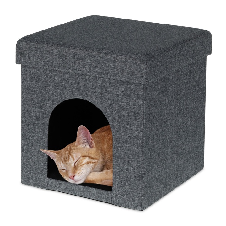 Taburet pliabil cu culcus pentru pisici sau caini mici, captuseala interioara detasabila si lavabila, gri, 38 x 37 x 37 cm