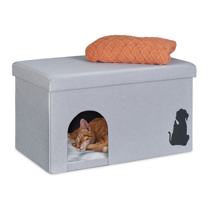 Banca cu cusca pentru pisici sau caini mici, pliabila, cu perna alba moale si capac detasabil, gri, 40 x 72 x 40 cm