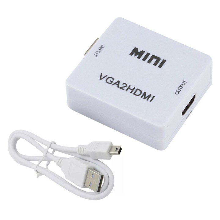 Converter VGA la HDMI cu audio, Aptel, 1080p, alb, 65x54x20mm, set complet