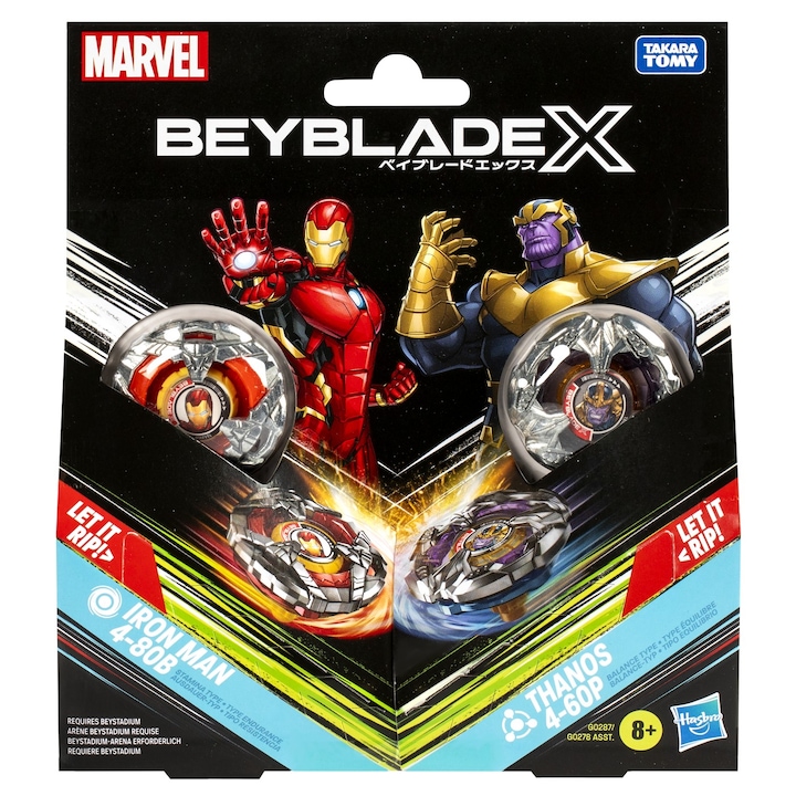 Set duo Beyblade X - Marvel, Iron Man 4-80B si Thanos 4-60P