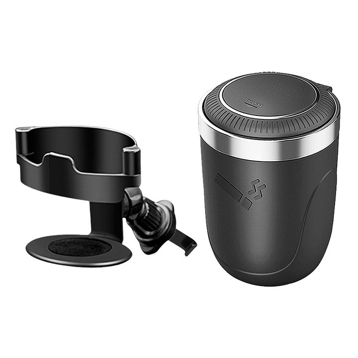 Пепелник за автомобил, метален интериор, LED светлина, сменяем, включително носач за ауспух, пружинен капак, 10,2x7 см, черен