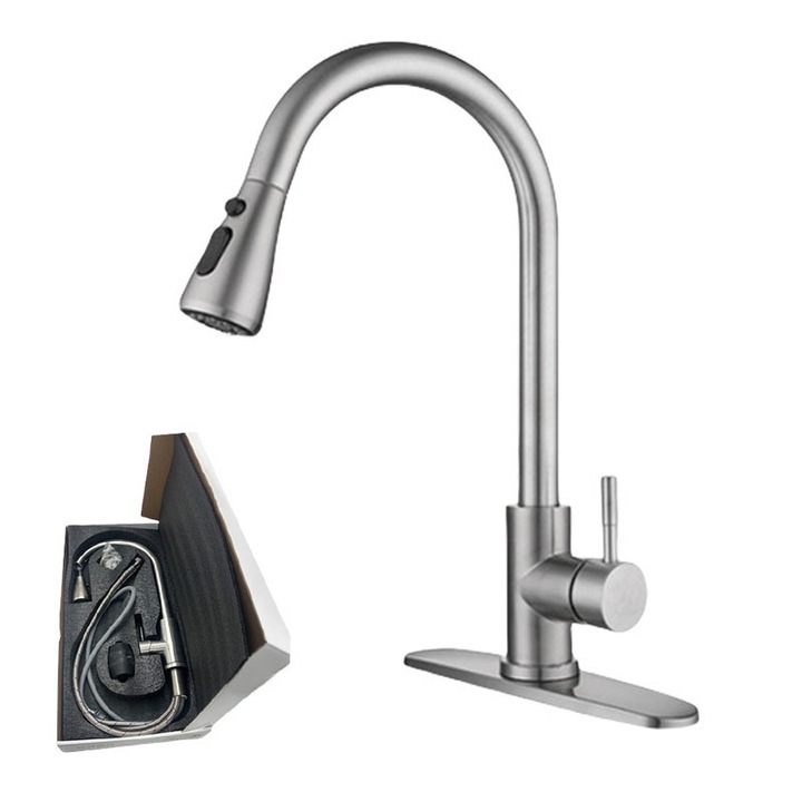 Смесител за кухня, с 2-степенна основа, издърпващ се душ, висок чучур, керамичен патрон, бутон за включване/изключване, неръждаема стомана, 2 режима на пръскане, включени аксесоари, неръждаема стомана, сребрист