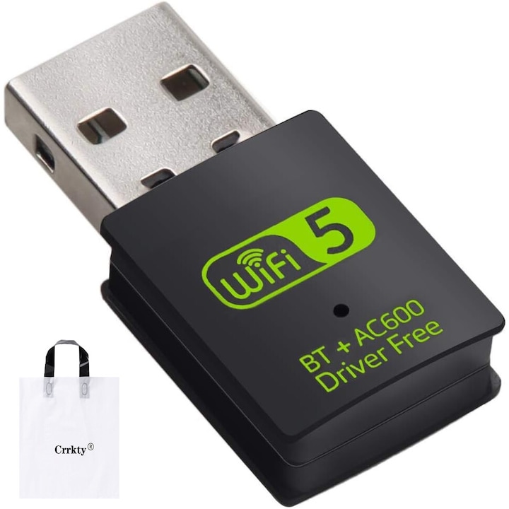 WiFi адаптер Crrkty Bluetooth, 600Mbps, 2.4/5GHz, USB 2.0, черен, 33x15x8mm