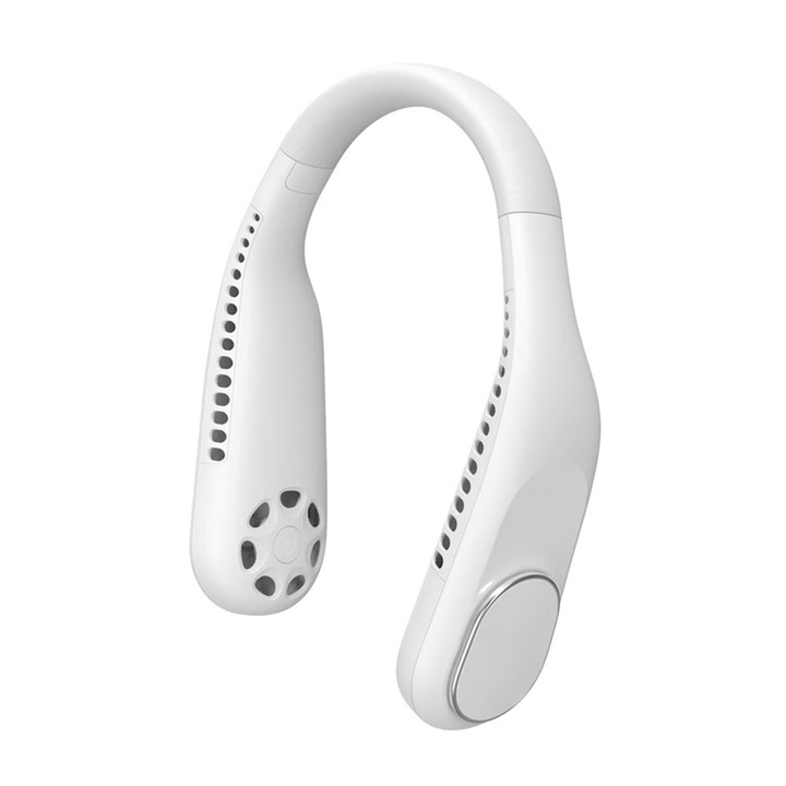 Преносим мини вентилатор за шия, преносим вентилатор без ножове, Hands Free, 3 нива на скорост, USB-C зареждане, 4000 mAh, 5 W, гъвкав, бял