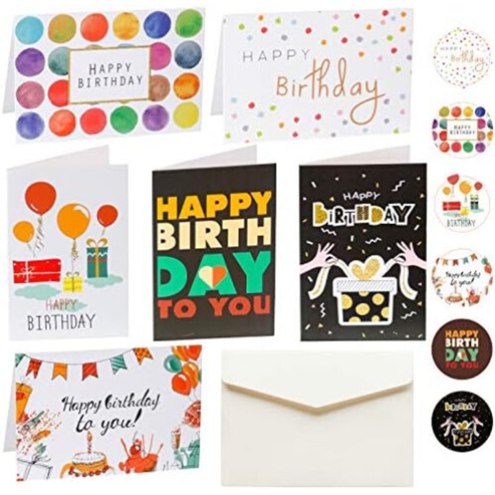 Happy Birthday Cards, Pack of 6 Cute Balloon Assorted Greeting Card with Envelopes and Stickers,10x15cm