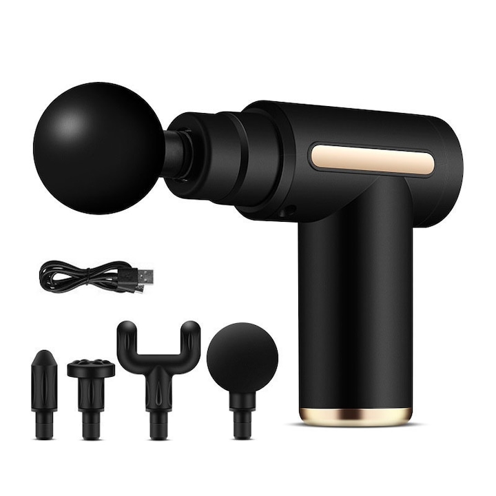 Hordozható masszázspisztoly, műanyag, 4 cserélhető fej, 6 sebesség, 2000 mAh, USB újratölthető, fekete