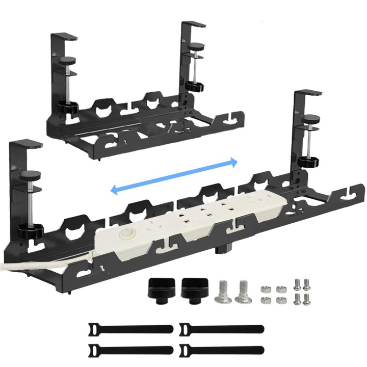 Tava extensibila pentru Organizator cabluri sub birou, sertar de depozitare sub birou fara gaurire cutie metalica pentru organizarea cablurilor, organizare birouWALALLA, 15.7-30 inch, negru